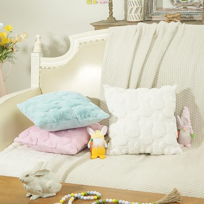 GEEORY Easter Bunny Soft Plush Pillow Covers, 18 x 18 Inch Set of 2, Fluffy Faux Fur Wool Decorative Farmhouse Cushion Case for Sofa Home Decoration Pink GC015-18