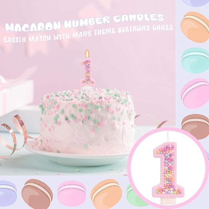 Sweet One Birthday Candles for Girls - Number 1 Candle, First Birthday Decorations for Girl, Fairy Cake Decorations, Colorful Macaron Candles for One Cake Topper (Pink)