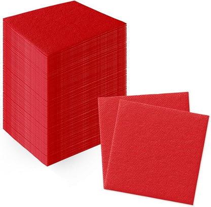 PAW - 100-Pack Disposable Linen-Feel Cocktail Napkins 4" x 4", Red Premium Paper Desert Napkins for Parties, Events, Elegant Cloth-Like Beverage Napkins For Bars, Restaurants, Catereres