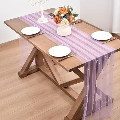 Lilac Fall Thanksgiving Pearl Table Runner Boho Rustic Tulle Lace Table Runner for Baby Shower Wedding Arch Decor Veil Dessert Table Decor 3pcs