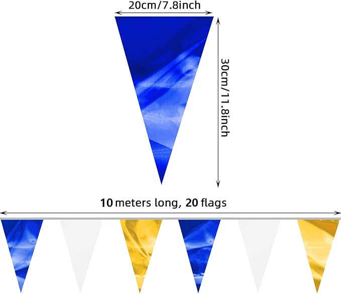130FT Navy-Blue White Gold Glitter Triangle Pennant Banner Flag Metallic Bunting Fabric Garland for Christmas Graduation Retirement Wedding Bridal Shower Nautical Ahoy Achor Party Decorations Decor