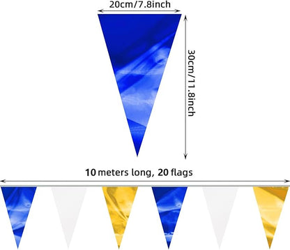 130FT Navy-Blue White Gold Glitter Triangle Pennant Banner Flag Metallic Bunting Fabric Garland for Christmas Graduation Retirement Wedding Bridal Shower Nautical Ahoy Achor Party Decorations Decor