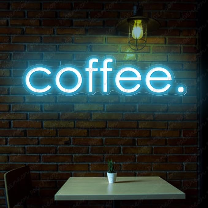 Coffee Neon Sign (32x8'', Remote and Plug included) Cafe Led Light coffee. led light coffee shop decorations wall decor (32x8" - Light Blue)