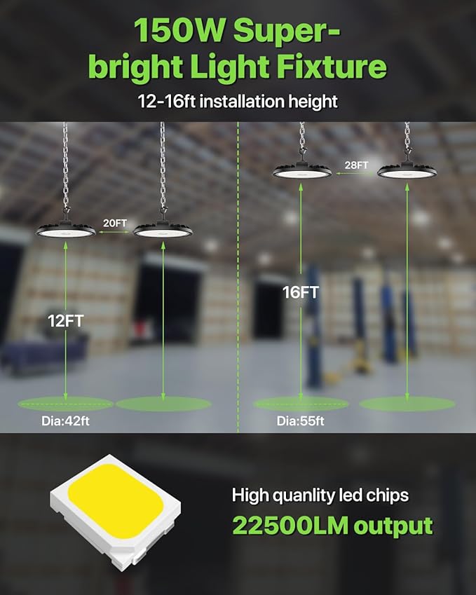 Glitgate 150W UFO LED High Bay Light 6-Pack 150LM/W 22,500LM High Bay Led Shop Lights 100-277V IP65 Waterproof Commercial Warehouse Lighting Fixture 5000K Daylight for Garage, Workshop, Factory, Gym