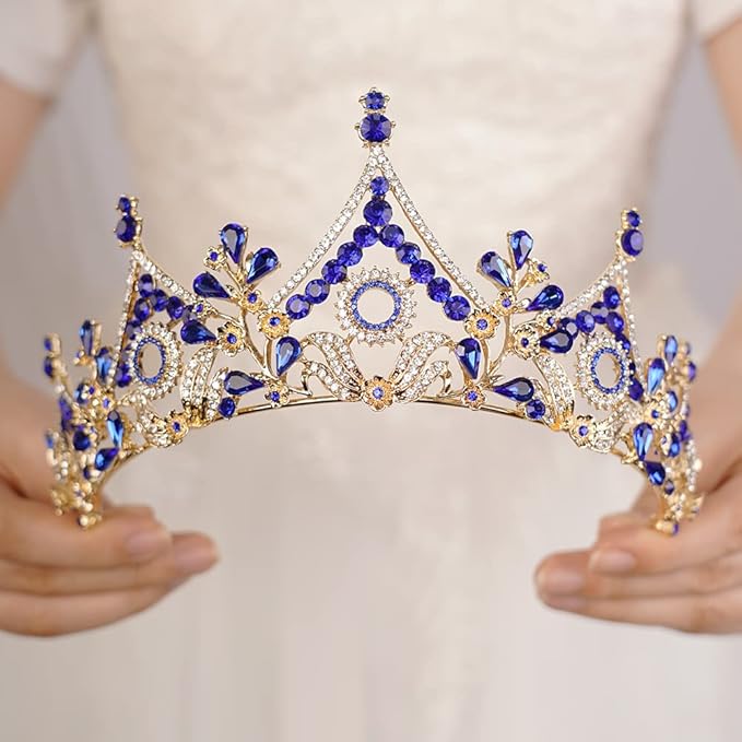 Wekicici Baroque Queen Crown Blue Crystal Tiara Rhinestone Princess Wedding Headband for Women Birthday Pageant Party(Blue)