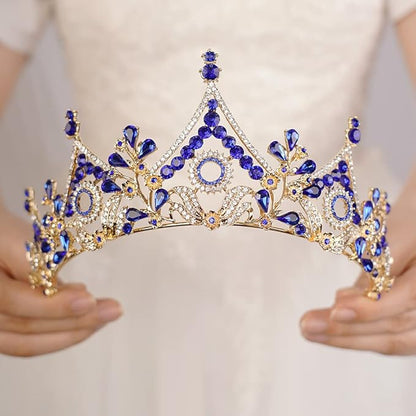 Wekicici Baroque Queen Crown Blue Crystal Tiara Rhinestone Princess Wedding Headband for Women Birthday Pageant Party(Blue)