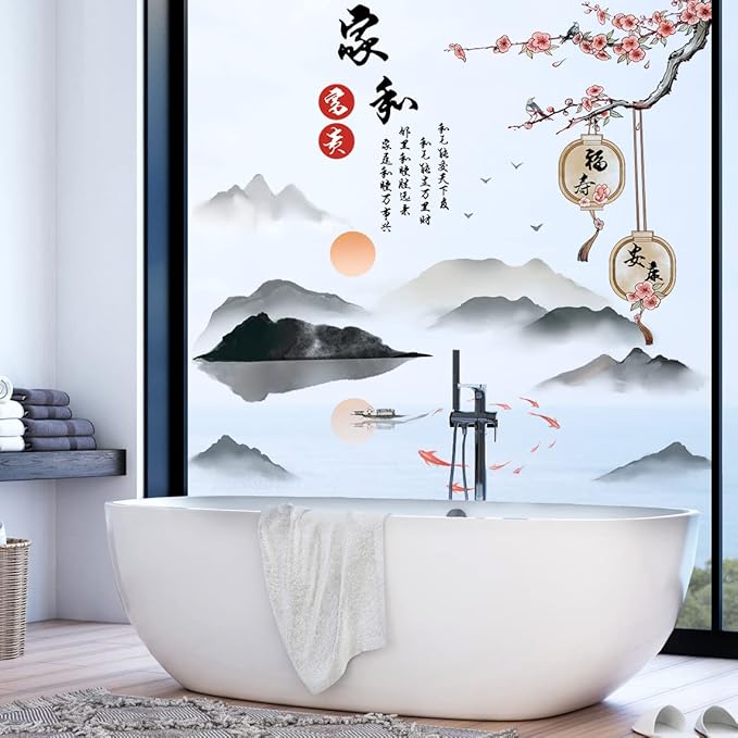 Removable 3D Chinese Style Landscape Mountain Water Wall Decals Chinese Characters Family and Peace with Plum Flower Tree Branches Wall Murals for Bedroom Living Room TV Sofa Background