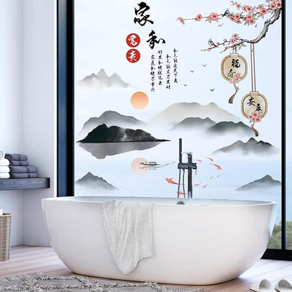 Removable 3D Chinese Style Landscape Mountain Water Wall Decals Chinese Characters Family and Peace with Plum Flower Tree Branches Wall Murals for Bedroom Living Room TV Sofa Background