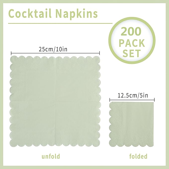200 Pack Cocktail Napkin 2-Ply Scalloped Edged Dessert Napkins Folded 5 x 5 Inches Disposable Napkins for Dinner Wedding Birthday Party Bridal Anniversary Reception Event (Sage Green)