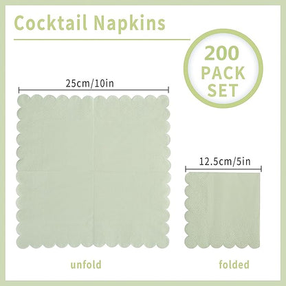 200 Pack Cocktail Napkin 2-Ply Scalloped Edged Dessert Napkins Folded 5 x 5 Inches Disposable Napkins for Dinner Wedding Birthday Party Bridal Anniversary Reception Event (Sage Green)