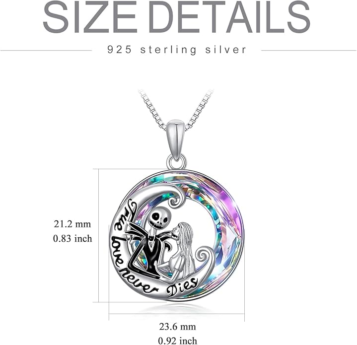 LILALO Christmas Gifts Nightmare Necklace Sterling Silver Abalone Shell Crystal Jack and Sally Necklace Jack Skellington Skull Jewelry Skull Necklaces for Women