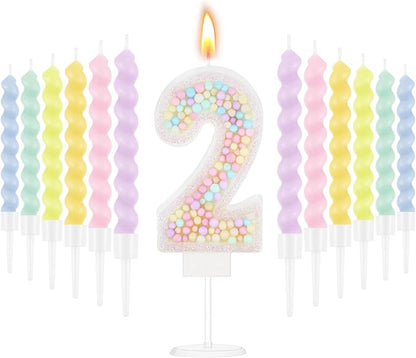 MTLEE Number 2 Birthday Candle with 12 Pcs Spiral Candles for Girls Macaron Pastel Rainbow Unicorn Pink Cake Topper for Sweet Theme Party Decoration