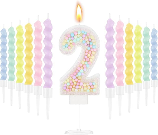 MTLEE Number 2 Birthday Candle with 12 Pcs Spiral Candles for Girls Macaron Pastel Rainbow Unicorn Pink Cake Topper for Sweet Theme Party Decoration