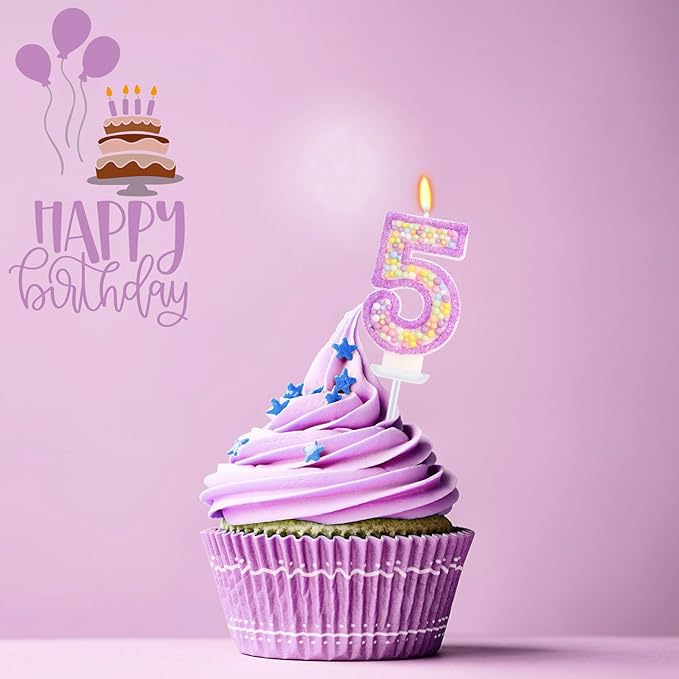 Birthday Candles - Number 5 Candle, Colorful Macaron Candles for Boys/Girls, Purple Birthday Decorations, Purple Cake Decorations