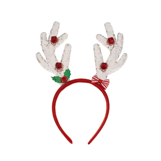 Madison Tyler Christmas Silver Reindeer Antlers with Mistletoe and Jingle Bells Headband | Cute Soft Headbands for Christmas Party | Holiday Gifts for Women