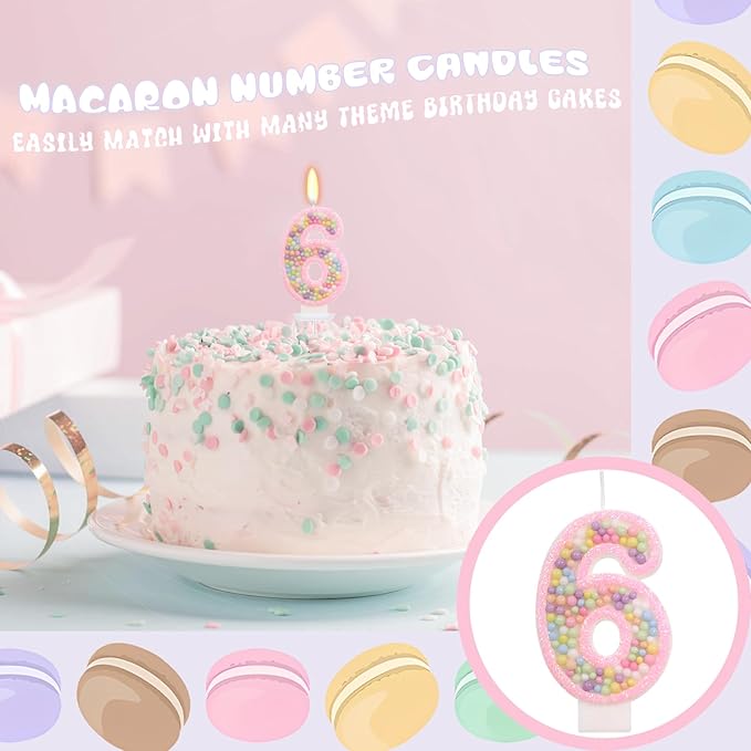 Pink Birthday Candles - Number 6 Candle, Colorful Macaron Candles, 6 Cake Topper, Pink Birthday Decorations, Sweet Theme Birthday Party Supplies