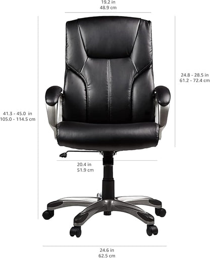 Amazon Basics Executive High Back Office Chair, Adjustable Height, Tilt, Swivel, Padded Seat, Bonded Leather, Wheels, Black/Silver