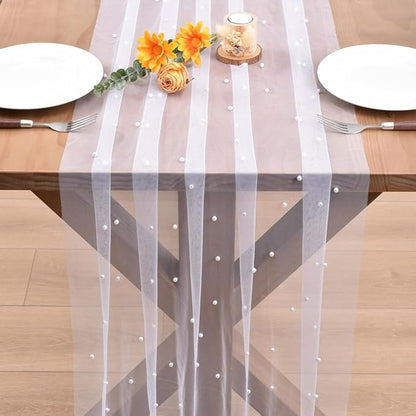 White Pearl Fall Thanksgiving Table Runner Boho Rustic Tulle Lace Table Runner for Baby Shower Wedding Arch Decor Veil Dessert Table Decor