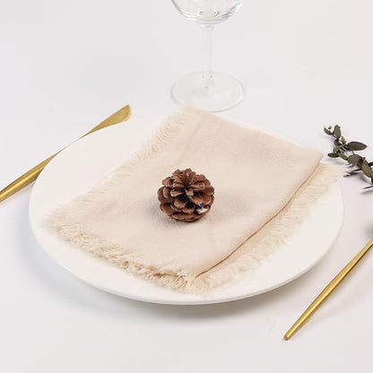 Handmade Cloth Napkins with Fringe,18 x 18 Inches Cotton Linen Napkins Set of 12 Versatile Handmade Square Rustic Fringe Napkins for Dinner, Wedding and Parties, Cream