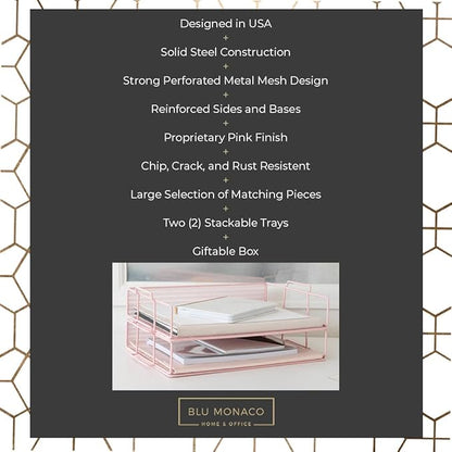 BLU MONACO | Paper Tray Stackable Pink Mesh Set of 2 | Stackable File Trays for Desk Organization | Tiered Desk Organizer with Metal Letter Trays and Workspace Organizer