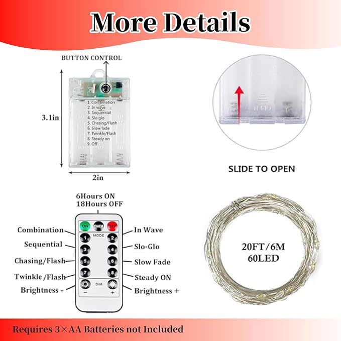 4Pack 80FT 240LED Fairy Lights Battery Operated with Remote & Timer 8 Modes Twinkle String Lights Battery Powered Indoor Outdoor Waterproof for Bedroom Classroom Christmas Décor, Red & Cool White