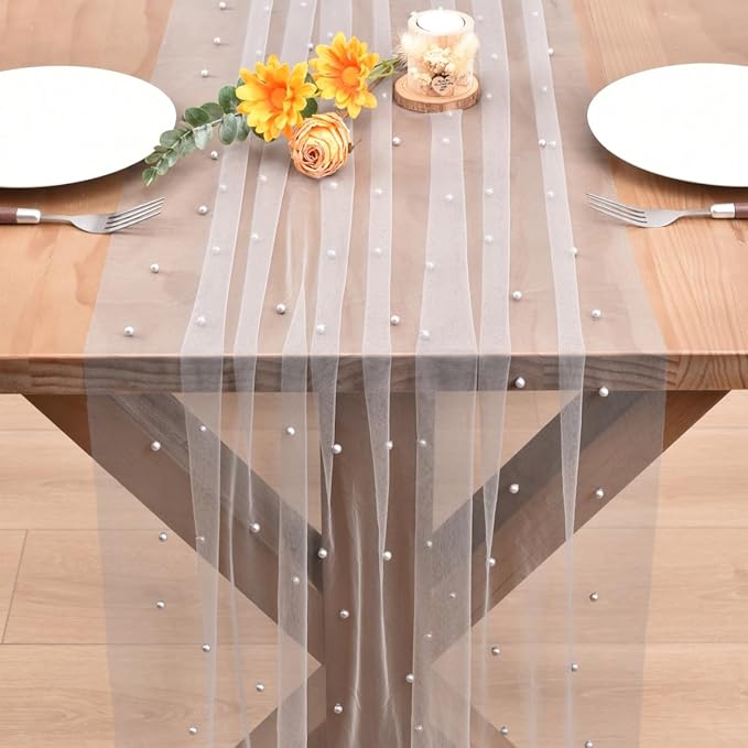 Gray Pearl Fall Thanksgiving Table Runner Boho Rustic Tulle Lace Table Runner for Baby Shower Wedding Arch Decor Veil Dessert Table Decor 3pcs