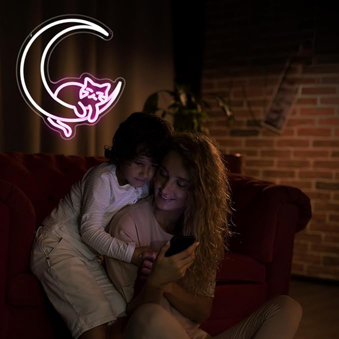 Moon Cat Neon Sign, JGHTURIE Pink Neon Signs for Wall Decor Cute Animal Light Up Sign Game Room Bar Party Led Signs for Man Cave Kids Decor USB Powered