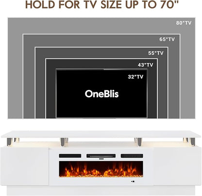 70" TV Stand for Living Room, Entertainment Center & Media Console with Storage, Fits TVs up to 80", Modern TV Cabinet with Shelves, 36" Electric Fireplace (All White)