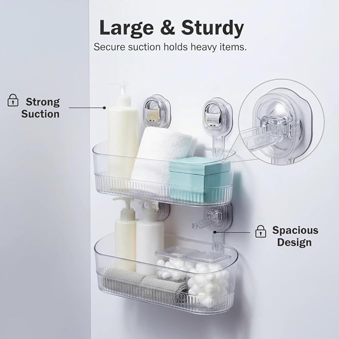 No Drill Bathroom Organizer with Strong Suction Cups, Heavy Duty Shower Organizer Holds 10lbs, Bathroom Shelf for Shampoo, Soap, Razor, Toothbrush (transparent gray 2pcs)