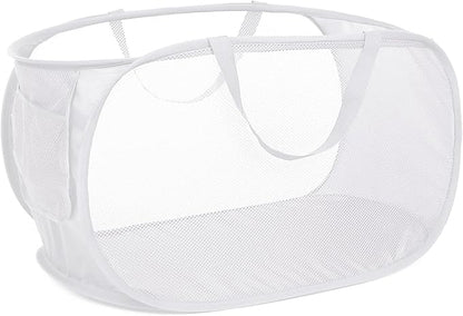 Strong Mesh Pop Up Laundry Basket, Collapsible Laundry Hamper with Side Pocket, Foldable Clothes Pop Up Hamper with Durable Reinforced Handles for Laundry, Bathroom, Kids Room, Dorm or Travel White