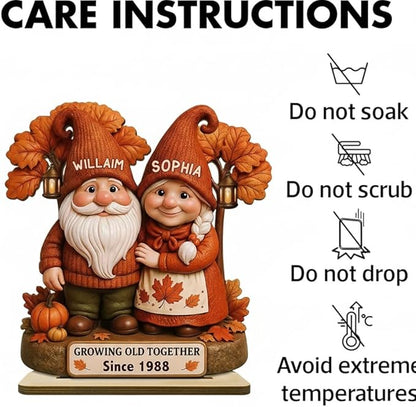 Personalized Gnome Couple Figurine, Growing Old Together Since 1988, Custom Autumn Decoration, Unique Fall for Couple, Engraved Family Ornament for Parents and Grandparents