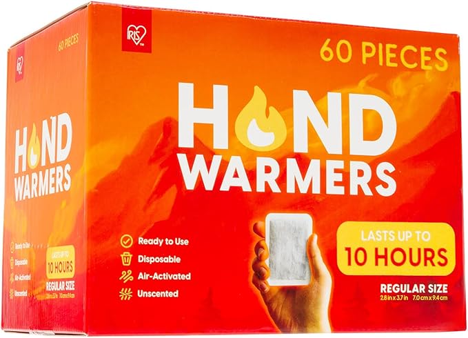 IRIS USA Hand Warmers, Regular/Large/Jumbo, 30/60 Individual Warmers, Regular/Adhesive Body Warmers Up to 10/12/18 Hours Disposable Handwarmer Bulk for Hot Hands Feet Chest Back, TSA-Approved, Camping