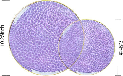 Rubtlamp 100Pcs Purple Gold Plastic Plates, Purple Disposable Plates With Gold Rim, Hammered Plastic plates Include 50 Clear Dessert Platos, 50 Dinner Platos for Party