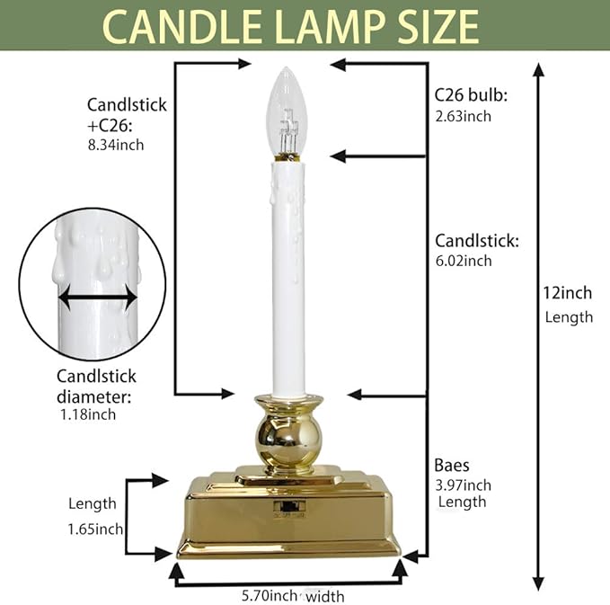 4 Pack Christmas Window Candles, 12 Inch Battery Operated LED Window Candles with Timer (8/16 Hour), 3V C26 Clear LED Bulb, Flameless Window Candle Lights for Christmas Table Party Decor-Gold Base
