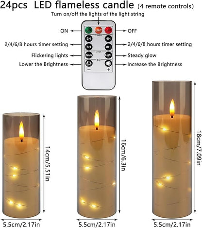 24-Pack Gray Flameless Candles with Remote Control, Battery-Powered LED Candles with Embedded Star String Lights & Realistic Flickering Flame. with Timer for Christmas, Home, Wedding, Fireplace Mantle