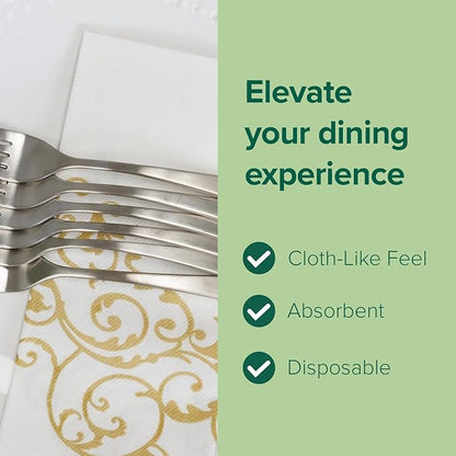 SimuLinen Gold & White Dinner Napkins - Disposable Linen Feel Decorative Cloth-Like Large Napkins - Elegant, Soft, Absorbent & Durable Airlaid Material (19"x17" - Box of 300)