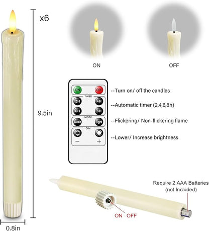 Lezonic Ivory Flameless Taper Candles Battery Operated with Remote, Long LED Candlesticks Flickering Real Wax Set of 6, 9.5 inch Battery Candles with Realistic 3D Flame