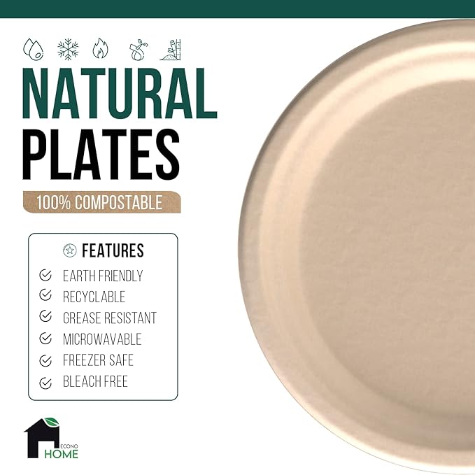 EconoHome 7 inch Compostable Paper Plates [125-Pack] - Eco-Conscious Disposable Plates Made of Bagasse or Sugarcane Fiber - Microwave, Refrigerator-Safe - Heavy Duty Paper Plates for Dinner