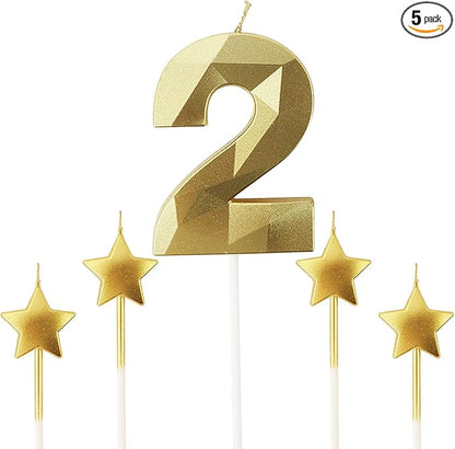 Golden Number 2 Birthday Candles and Star Birthday Candles 2.76 inch Birthday Cake Candles 3D Diamond Shaped Candles are Suitable for Birthday Parties and Anniversary Cake Decorations Candles(Gold 2)