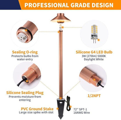 Gardenreet Brass Copper Low Voltage Path Lights, Landscape Pathway Light, 12V LED Outdoor Bronze Hat Top Walkway Lamp for Driveway Yard Garden with 3W 270LM 5000K G4 Bulb 4 Pack