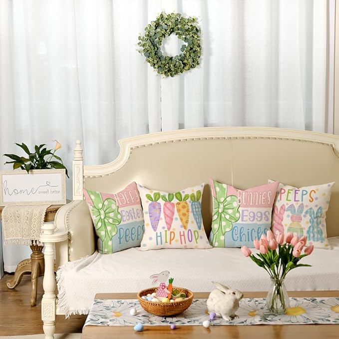 GEEORY Happy Easter Peeps Pillow Covers 18x18 Inch Set of 4, Striped Bunnies Eggs Chicks Rabbits Carrots Decorative Farmhouse Throw Pillowcases for Home Sofa Couch Decoration G461-18
