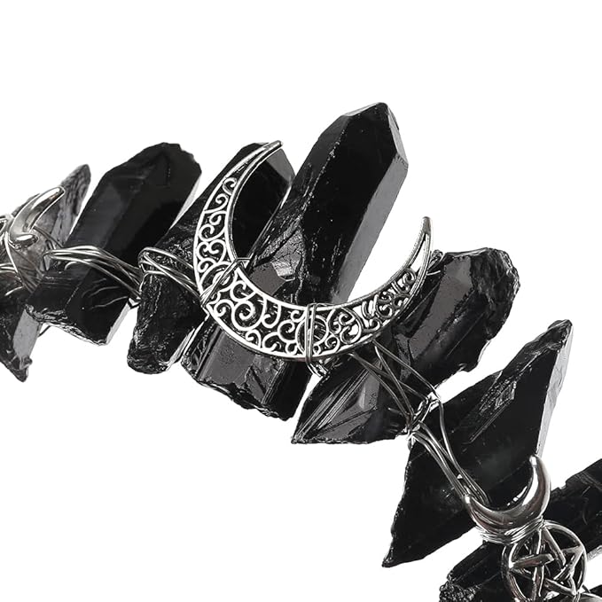 Black Natural Quartz Tiara Headband, Rhinestone Crown Headwear Halloween Masquerade Party Headpiece for Women Girls