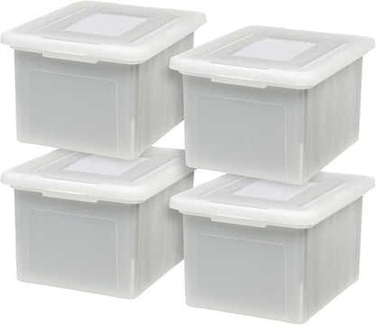 IRIS USA 8 Pack File Box, Plastic File Organizer with Lids for Letter/Legal File, Portable Document Box, Storage Bin with Secure Lid, Pearl 35 Qt.
