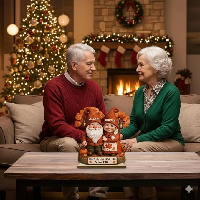 Personalized Gnome Couple Figurine, Growing Old Together Since 1988, Custom Autumn Decoration, Unique Fall for Couple, Engraved Family Ornament for Parents and Grandparents