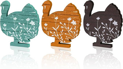 Smile 3 Pcs Wooden Blocks Colorful Turkey Signs, Thanksgiving Decor Indoor, Table Tiered Tray Kitchen Decorations