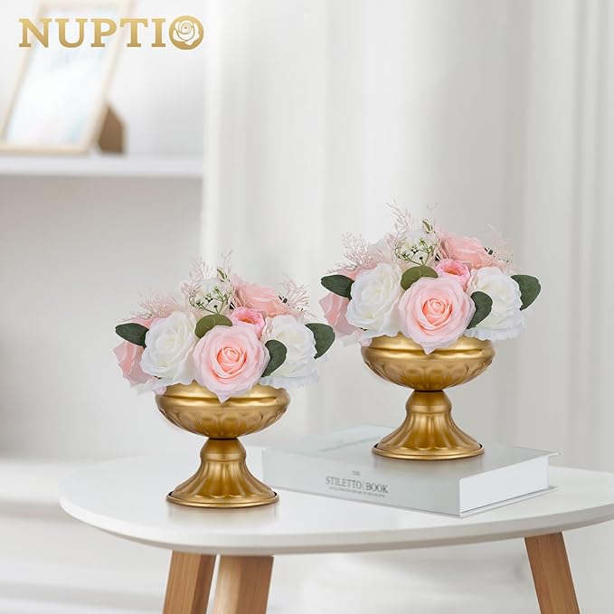 NUPTIO Flower Centerpieces for Tables Decorations: 10 Pcs Pink & White Artificial Rose Floral Arrangement for Wedding Party Centerpiece Decor 9.4 Inch Diameter