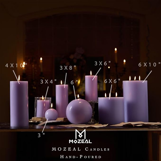 MOZEAL 3" x 8" Hand-Poured Unscented Large Candle, Smokeless Rustic Pillar Candle Set of 2, Slow Burn, No Drip, Approx 150 Hours Burning, Wedding, Relaxation and Home Decorative, Tall Lavender Candle
