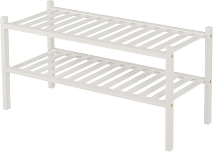 2 Tier Bamboo Shoe Rack for Closet Free Standing Wood Shoe Shelf for Entryway Small Space Stackable 27"x11"x13" (White)