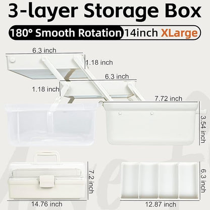 14in 3-Layer Multipurpose Craft Organizers and Storage with Adjustable Dividers, Portable Tackle Box, Folding Art & Craft Case for Medicine, Tool, Sewing Organizer (White, X-Large)
