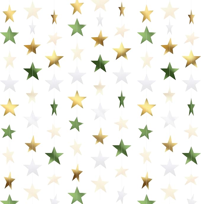 Patelai Glitter Star Garland Banner Christmas Decor 130 Feet Star Hanging Bunting Banner Twinkle Backdrop for Homecoming Classroom Wedding Birthday Halloween Party Supplies(Sage Green, Gold, White)